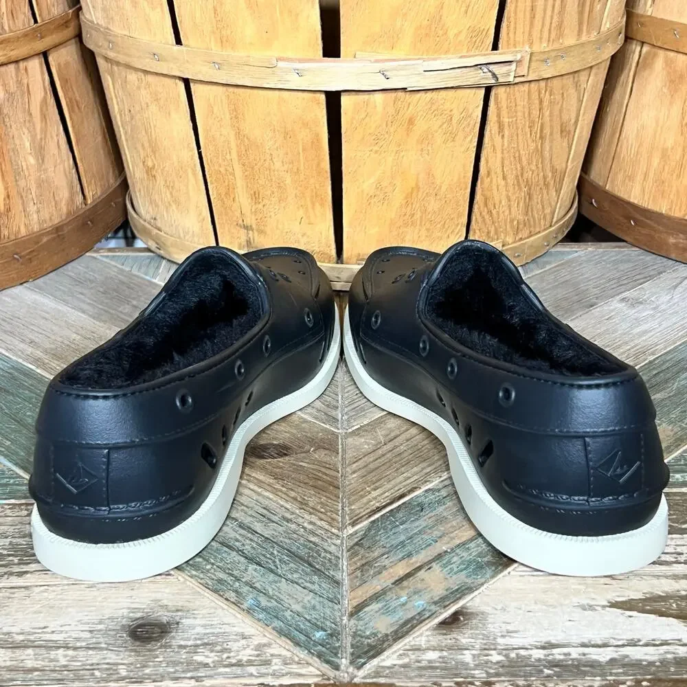Sperry A/O Float Cozy Black Rubber Faux Fur Lined Slip-On Boat Shoes Men Size 10